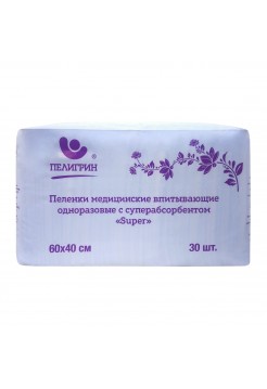 Пеленки медицинские впитывающие одноразовые , "Пелигрин", с суперабсорбентом "Supper" 30 шт. 60х40